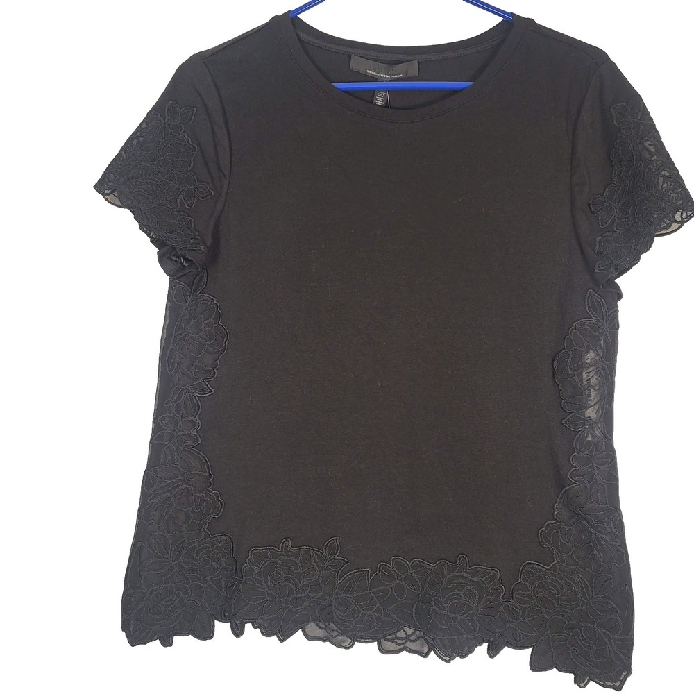 White House Black Market Shirt Womens Small Black‎ Embroidered Lace Scallop Hem